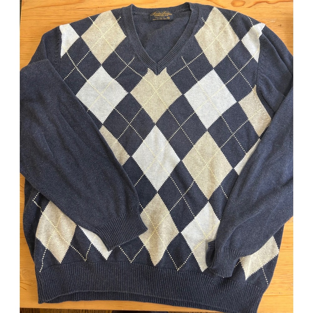Brooks Brothers Mens XL Blue Argyle V-Neck Sweater Cotton Preppy Tennis